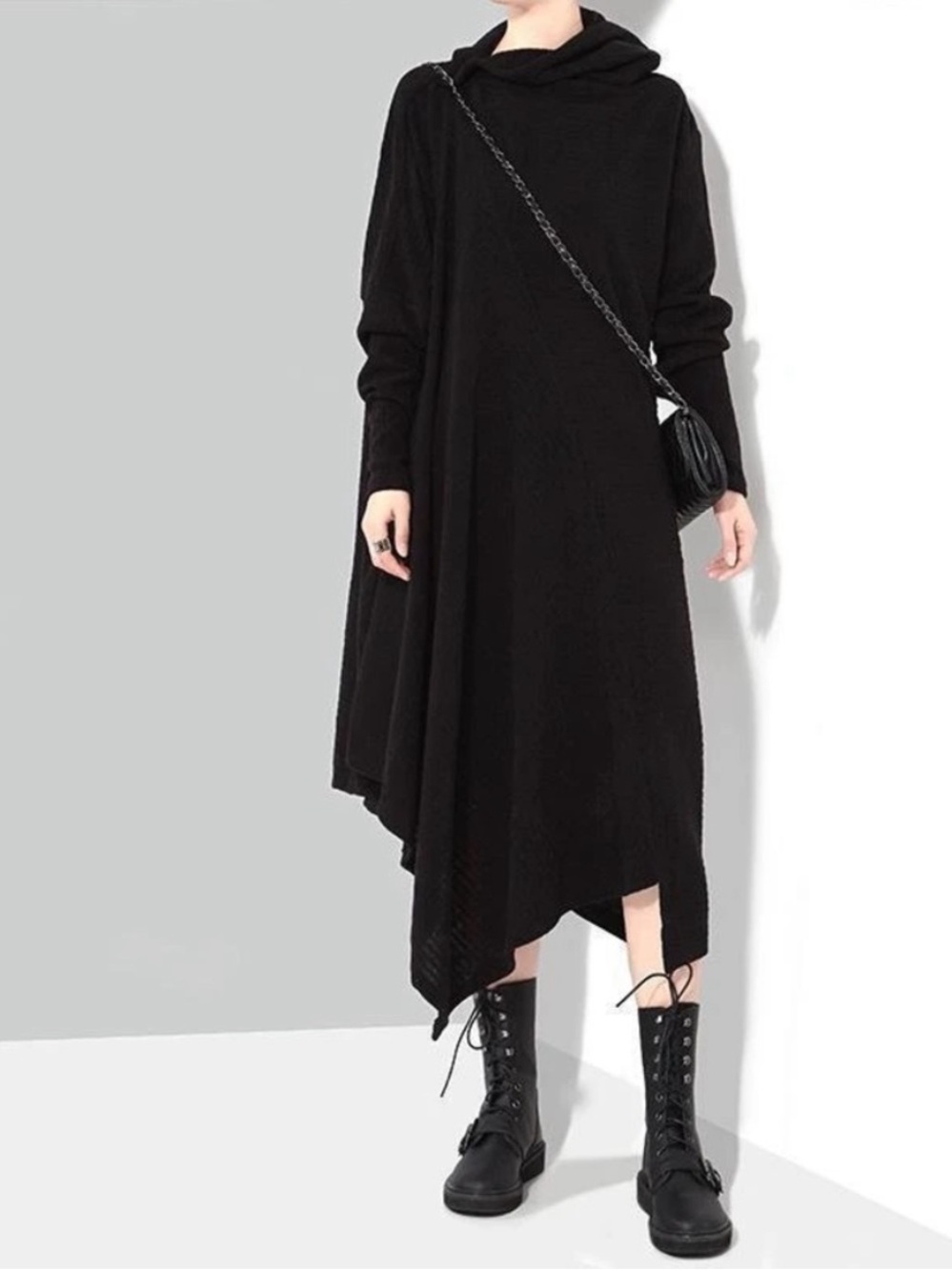 Marigold Shadows Bonhoeffer Asymmetrical Scarf Black Ribbed Sweater Dress OS